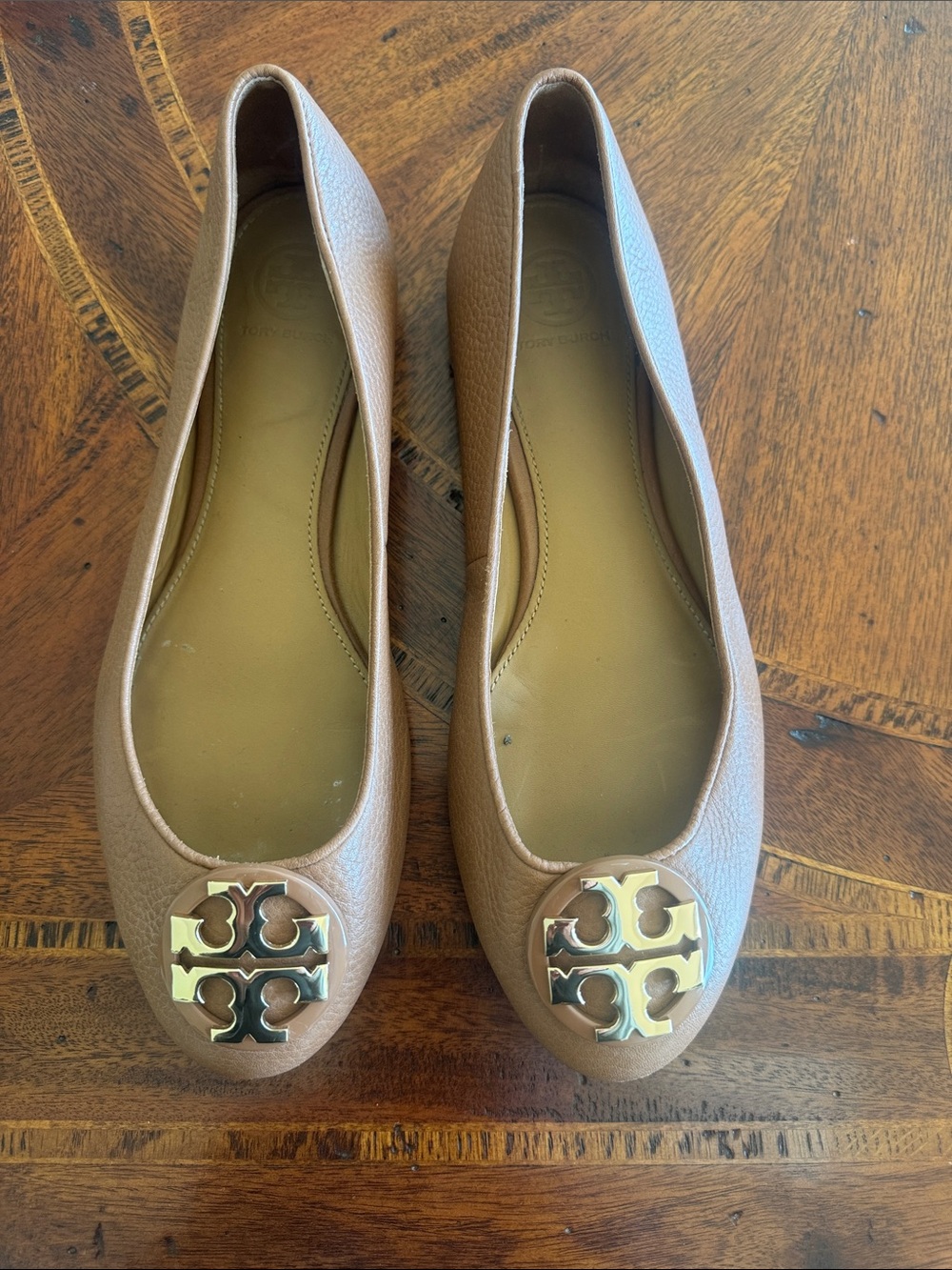 Tory Burch Brown Leather Logo Medallion Ballet Flats